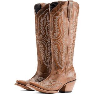 Women's Brown Vintage Chunky Tall Knee High Heel Western Embroidery Boots